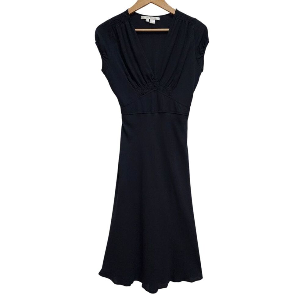 Zara Black 100% Silk Shirred Ruched V Neck Cap Slv Midi Dress M Flare Tie Back